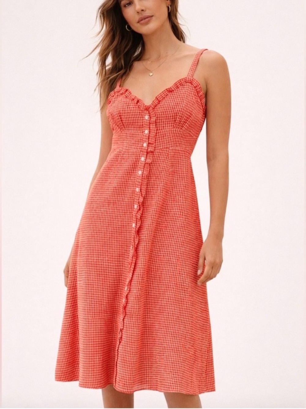 Orange & White Gingham Button-Front Midi Dress | Cottagecore Summer Sundress